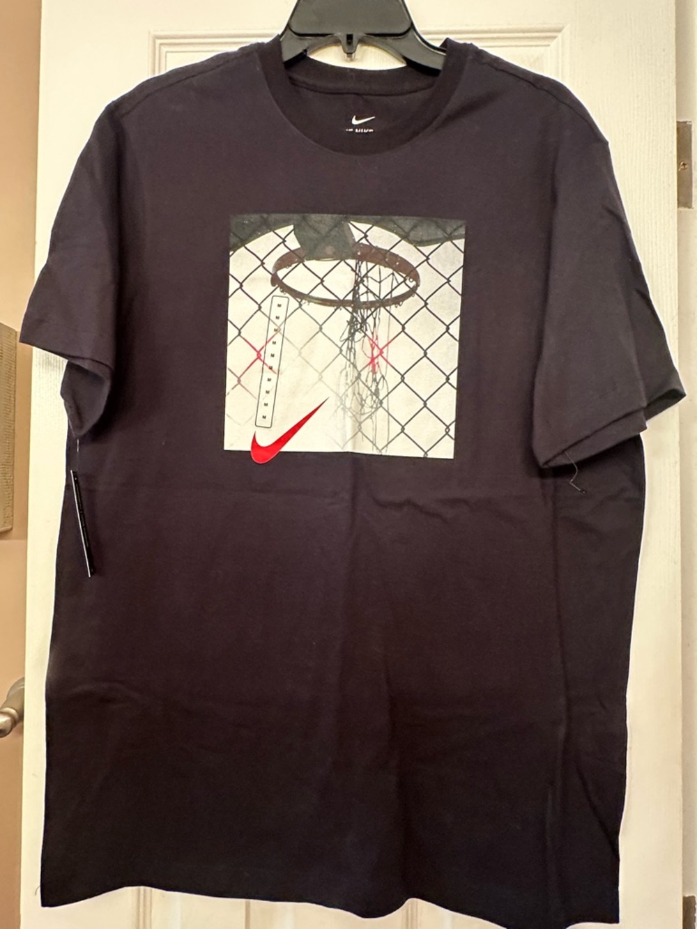 Nike Men’s Black Graphic Basketball Hoop Tee with Red Swoosh
